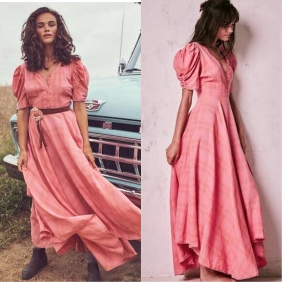LOVESHACKFANCY Puff Sleeve Maxi Dress feminine  Preppy Pink Plaid Layered XS 0 - Picture 10 of 10